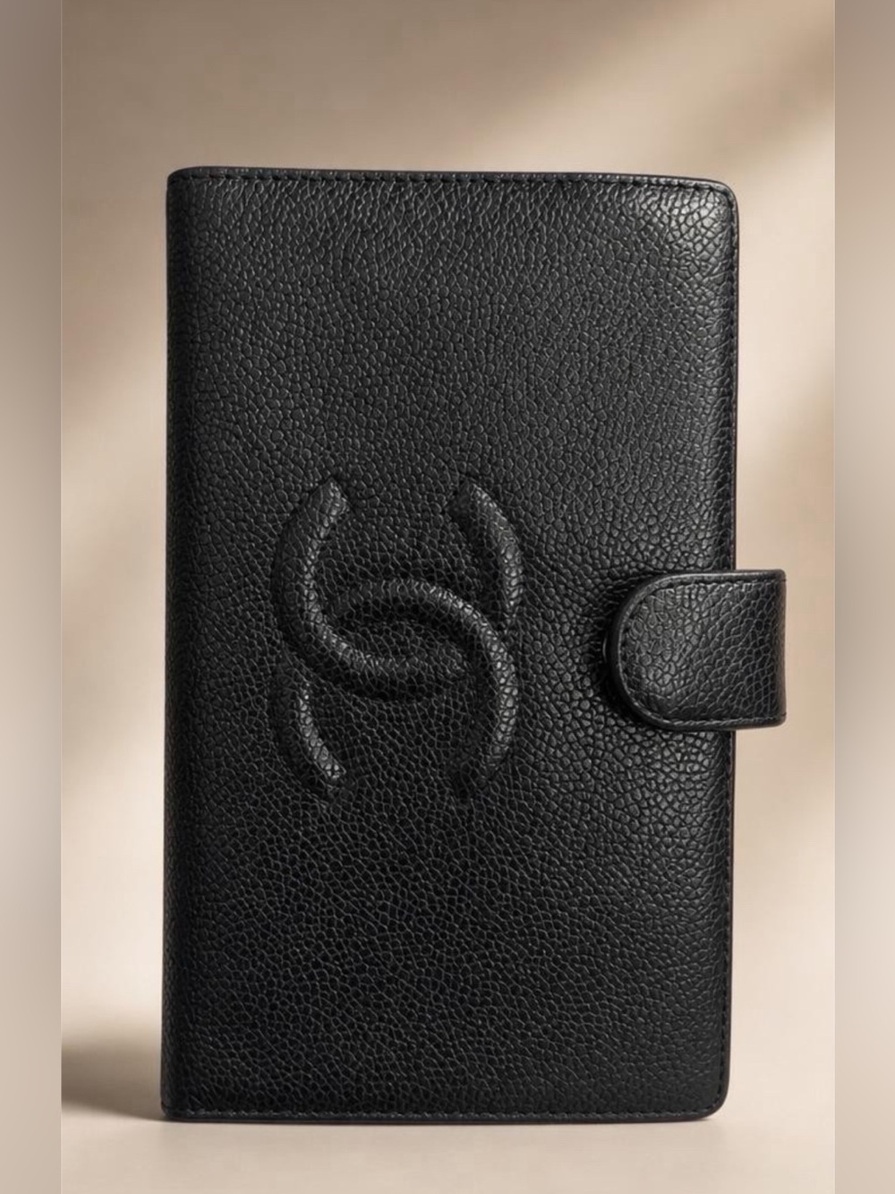 CHANEL Vintage Black Caviar CC Long Wallet Kiss Lock Coin Purse Authenticated
